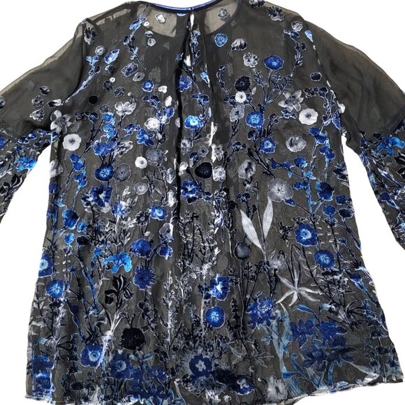 Tahari Peasant Top Womens Medium Burnout Velvet Floral Bell Flare-Sleeve Sheer - Picture 4 of 12